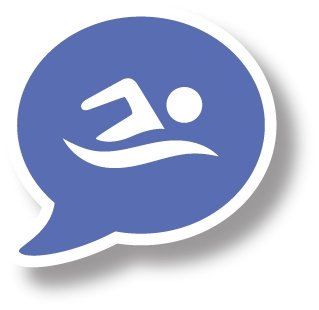 Speech and Swim logo - includes a speech bubble with icon of a stick figure swimming freestyle through the water